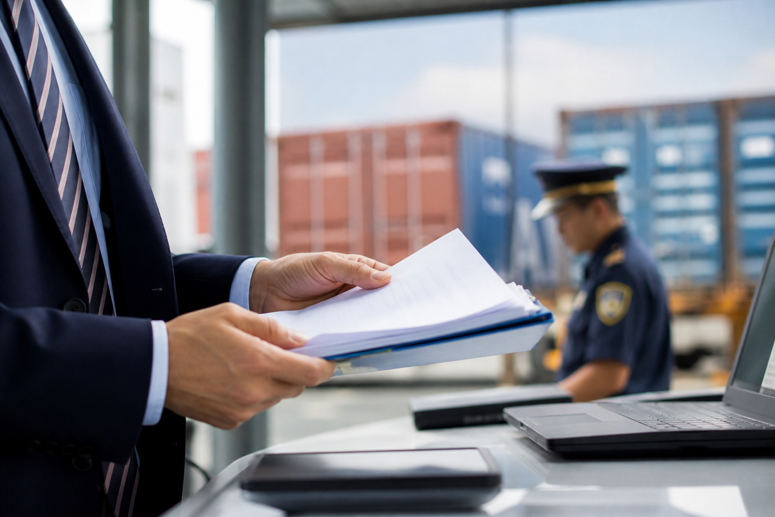 Logistics specialist managing customs clearance documents