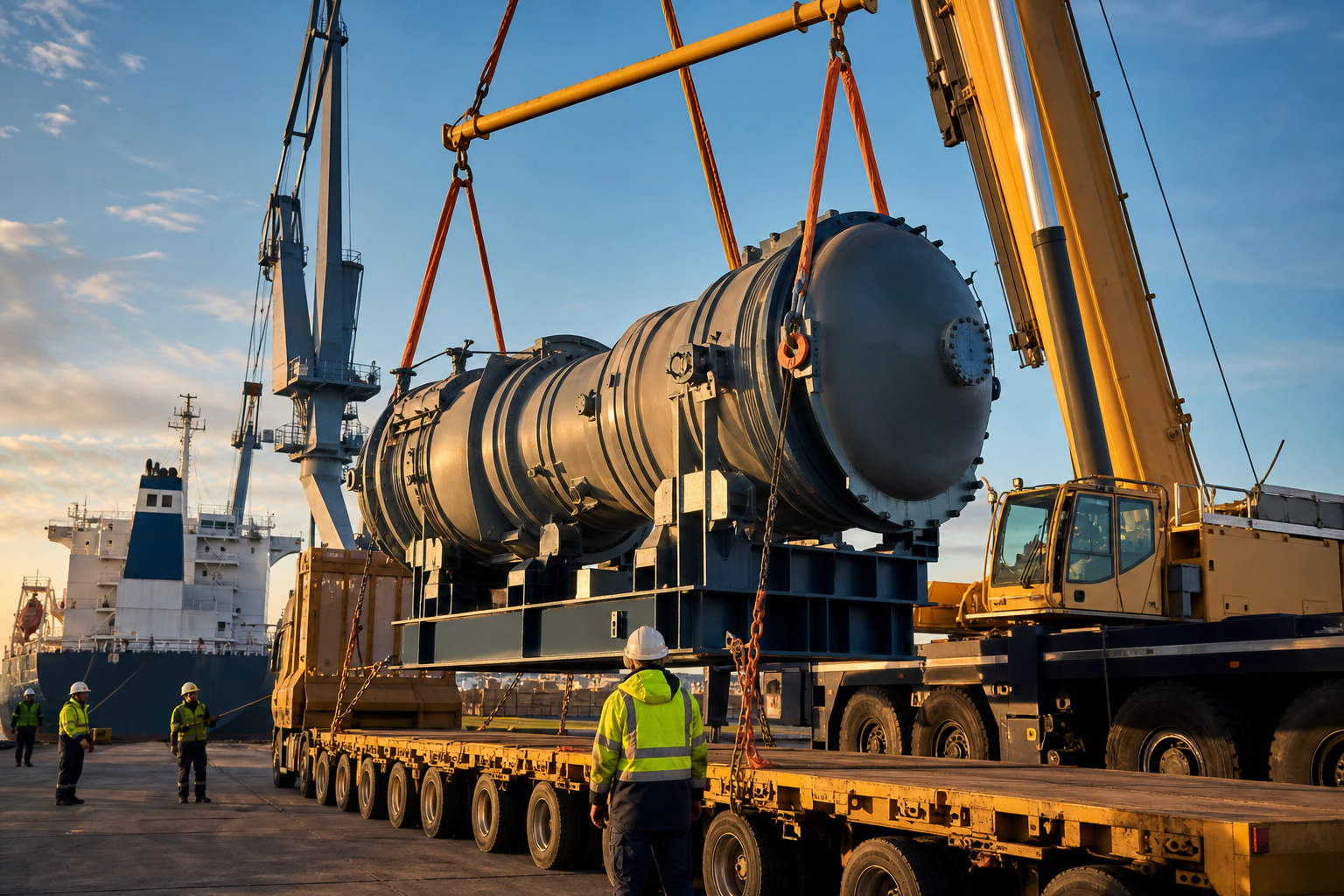 Heavy industrial equipment being prepared for project cargo transport