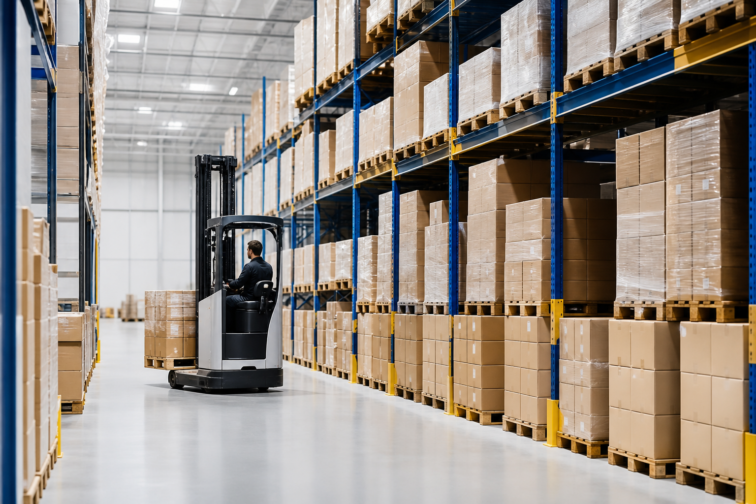 Modern warehouse with pallet racking and forklift